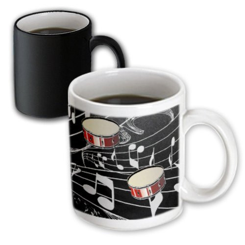 3dRose mug_38199_3 "Red Drums On Music Notes" Magic Transforming Mug, 11 oz, Multicolor