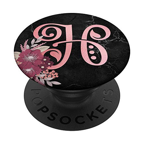 Rose Letter H Monogram Initial Pink Flowers Black PopSockets Grip and Stand for Phones and Tablets