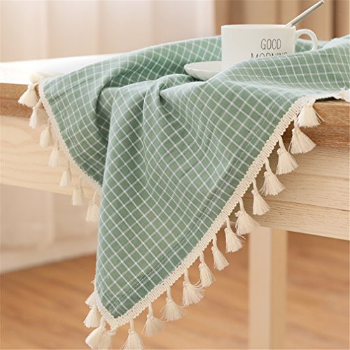 LUCKYHOUSEHOME Green and White Checkered Tassel Tablecloth Waterproof Rural Small Home Kitchen Dinning Tabletop Table Cover 39 x 55 Inch