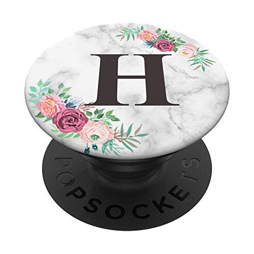 Letter H Marble PopSocket Monogram Pink Rose Floral Initial PopSockets Grip and Stand for Phones and Tablets