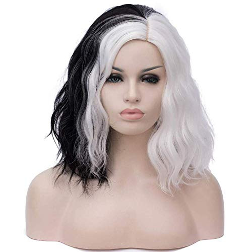 Short Bob Wavy Curly Wig Lady Costume Wig For Women Cosplay Halloween Wigs Heat Resistant Bob Party Wig 36Cm Include Wig Cap Black and White Short Bob Wavy Curly Wig Lady Costume Wig For Women Cosplay Halloween Wigs Heat Resistant Bob Party Wig 36Cm Include Wig Cap Black and White