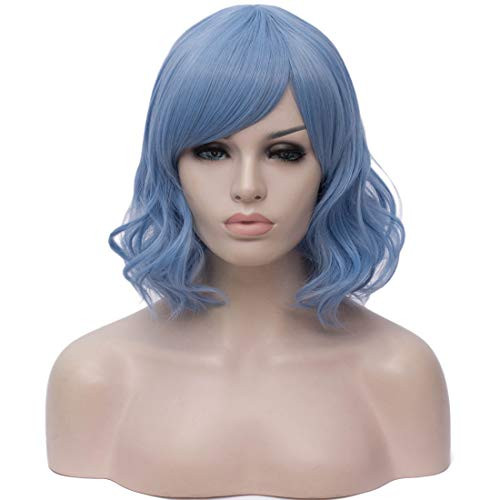 BUFASHION Short Wavy Bob Wigs Light Blue Curly Hair Wigs With Bangs Heat Resistant Cosplay Party Custom Wigs With Wig Cap Light Blue