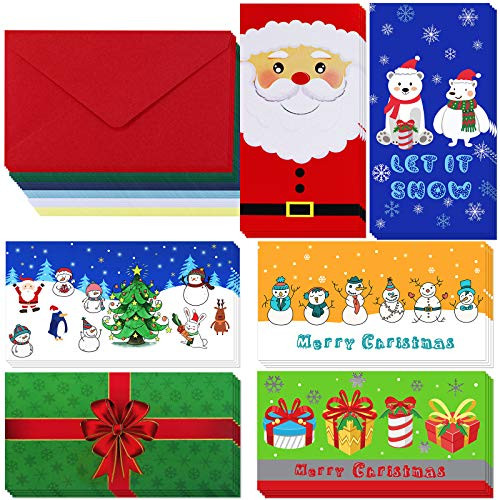 Winlyn 120 Sets 6 Festive Designs Merry Christmas Money Cards Holders Christmas Money Card Cash Card Holder Money Wallet Holiday Cards Glitter Foil Snowman Santa Winter Cards with Envelopes