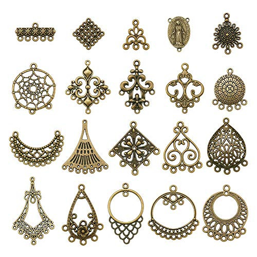 FASHEWELRY 80PcsBox Tibetan Style Metal Chandelier Components Links Multi Strand Layer Dangle Earrings Connector Charm Beads Antique Bronze for Jewelry Making
