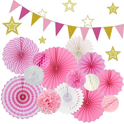Party Decoration Set 22Pcs Pink Hanging Paper Fans Pom Poms Flowers Honeycomb Ball Gold Star and Triangle Bunting Flags for Birthday Parties Bridal Showers Baby Showers Wedding Decor