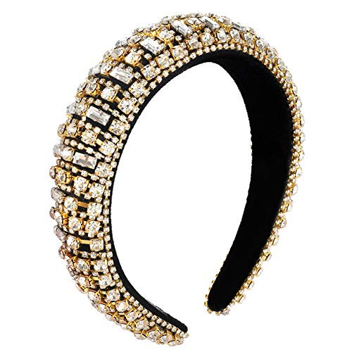 Rhinestone Padded Headband Bejewled Crystal Wide Velvet Hairband Sparkly Wedding Party Headband Hair Accessories For Women Girls gold