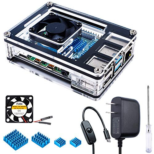 Miuzei Case for Raspberry Pi 4 with Fan 4 pcs Heatsinks 5V 3A USB-C Power Supply with ONOff Switch for Raspberry Pi 4 Model B