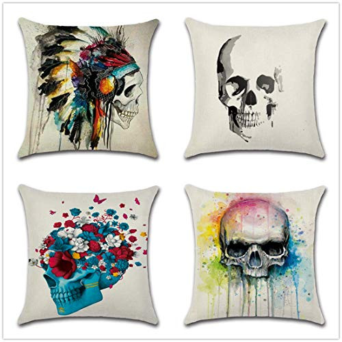 Vienlove Skull Pillow Cover 18 x 18 inch Set of 4 Cotton Linen Decorative Pillowcases Skeleton Head Throw Pillow Covers