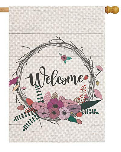 pingpi Welcome Floral Wreath 28 x 40 House Flag Welcome Double Sided Farmhouse Burlap Yard Outdoor Decor