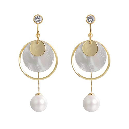 Yoursfs Screwback Clip on Earrings For Women Adjustable Circle Shell Dangle Earrings with Pearl
