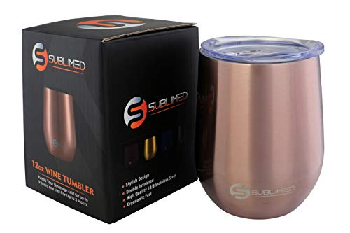 Sublimed 12oz Stemless Wine Tumbler Double Walled Quality Stainless Steel Vacuum Insulated with BPA Free Lid Rose Gold