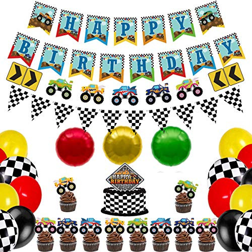 Monster Truck Birthday Party Supplies - Monster Truck Birthday Party Decorations Happy Birthday Banner Monster Truck Banner Checkered Triangle Bunting Flags Balloons Cupcake Topper