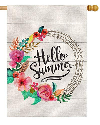 pingpi Hello Summer 28 x 40 Inch Decorative Spring Summer Floral Wreath Burlap Double Sided Seasons House Flag