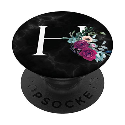 Black Purple Floral Monogram Name Initial Letter H PopSockets Grip and Stand for Phones and Tablets