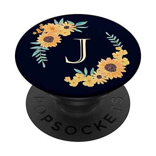 Monogram Initial Letter J - Yellow Sunflowers on Navy Blue PopSockets PopGrip Swappable Grip for Phones   Tablets
