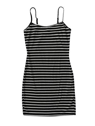 SOLY HUX Womens Spaghetti Strap Striped Rib-Knit Bodycon Mini Slip Dress Black and White M