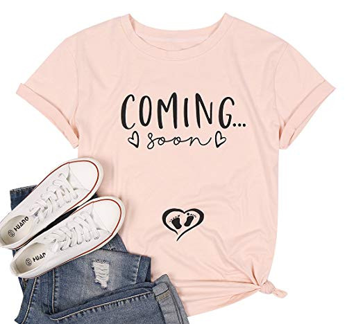 Coming Soon Shirt Women Pregnancy Announcement T Shirt Funny Short Sleeve Top Tee Mom to Be Shirt Pink