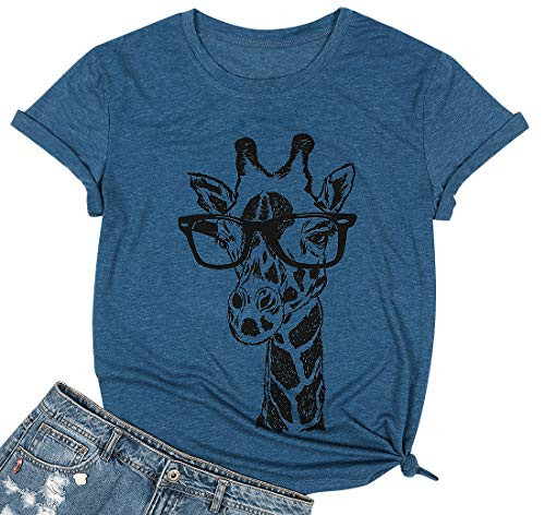 MYHALF Womens Fun Animal Graphic Tees Casual Short Sleeve Summer Cute Giraffe Printed T-Shirt Tops Blue2 M
