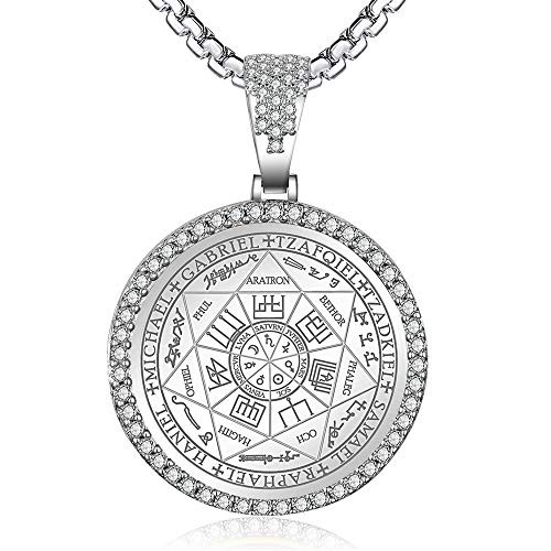 FLYUN Seals of The Seven Archangels Cubic Zirconia Amulet Pendant Choker Statement Stainless Steel Necklace A4-Silver