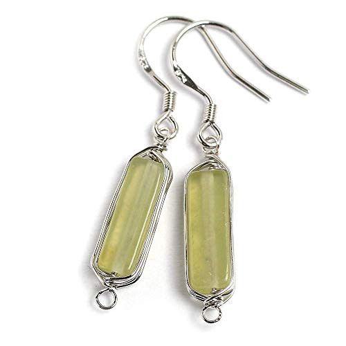 Natural Stone Wire Wrap Dangle Drop Earrings Platinum Plated 925 Sterling Silver HookGreen Agate 14mm Bar