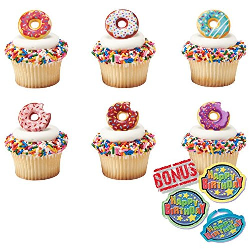 Donut Time Cupcake Toppers and Bonus Birthday Ring - 25 piece