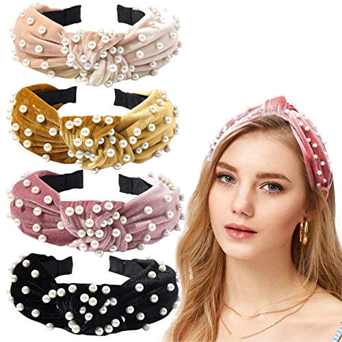 Headbands for Women 4 Pack Velvet Wide headband Knot Turban Headbands Vintage Hairband with Faux Pearl Elastic Hair Hoops Fashionable Hair Accessories for Women and Girls Headbands for Women 4 Pack Velvet Wide headband Knot Turban Headbands Vintage Hairband with Faux Pearl Elastic Hair Hoops Fashionable Hair Accessories for Women and Girls