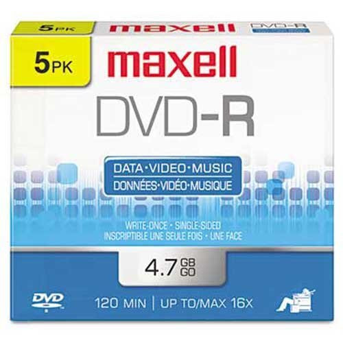 Maxell DVD-R Discs, 4.7GB, 16x, w/Jewel Cases, Gold, 5/Pack