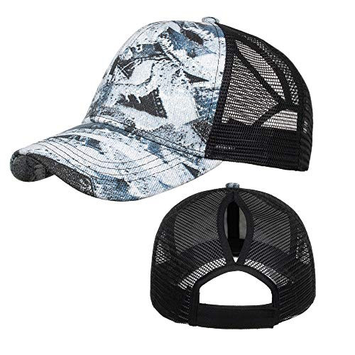 Womens Distressed Criss Cross Messy High Bun Ponytail Baseball Cap Vintage Unconstructed Ponycap Dad Hat