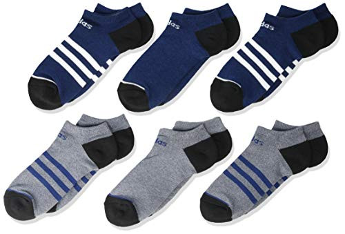 adidas Youth Kids-BoysGirls 3-Stripes No Show Socks 6-Pair Tech Indigo Blue - Legend Ink Blue MarlWhiteBlack Large Shoe Size 3Y-9