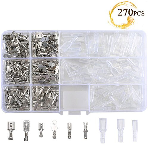 Male Female Spade Connectors MANYEE 2.8/4.8/6.3mm Spade Wire Crimp Terminal Connector Quick Splice Crimp Terminals with Insulating Sleeve Kit AWG 22-14 for Electrical Wiring Car Audio Speaker 270pcs