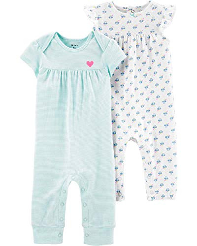 Carters Baby Girls 2-Pack Jumpsuits Blue Stripes   Floral Nb