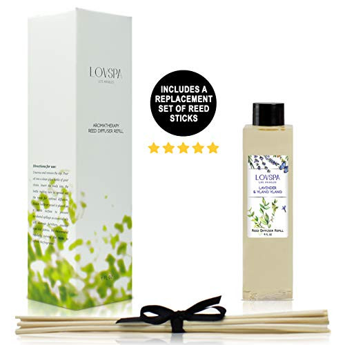 LOVSPA Lavender Ylang Ylang Reed Diffuser Oil Refill with Replacement Reed Sticks - Calms Balances The Mind - Diffusing Oil Liquid for Scented Sticks 4 Ounces Made in The USA Made in The USA LOVSPA Lavender Ylang Ylang Reed Diffuser Oil Refill with Replacement Reed Sticks - Calms Balances The Mind - Diffusing Oil Liquid for Scented Sticks 4 Ounces Made in The USA Made in The USA