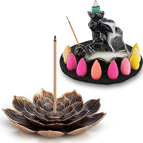 Brass Lotus Censer Stick Incense Holder  Waterfall Backflow Incense Cone Burner  10 Cone