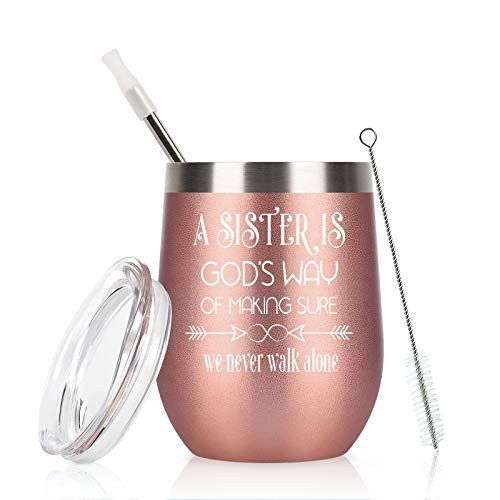 Sister Gifts A Sister Is Gods Way of Making Sure We Never Walk Alone Wine Tumbler with Lid Birthday Christmas Gifts for Women Sister Friends 12 Oz Insulated Stainless Steel Tumbler Rose Gold
