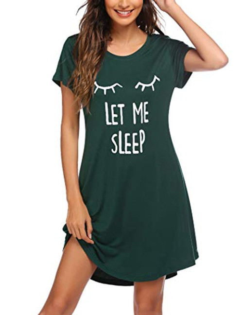 Sheshow Cotton Nightshirt for Women Night Shirt Print Nightgown Cute Sleep Shirt Soft Sleep Tee Pajama Dress Green S