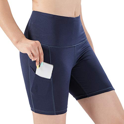 Womens Yoga Shorts 8 Compression High Waisted Tummy Control Workout Running Athletic Stretch Volleyball Short Side Pockets Navy Blue M