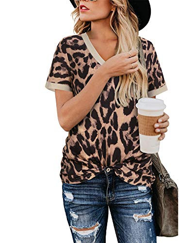 OUGES Womens Basic V Neck Short Sleeve Print T Shirts Summer Casual Tops BlouseLeopard 4M