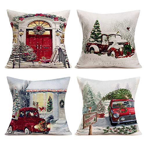 Merry Christmas Pillow Covers 18x18 Farm Fresh Christmas Tree with Xmas Snow Red Truck Throw Pillow Covers Cotton Linen Winter Seasonal Farmhouse Decor Pillowcase Home Bed Cushion Cover Set of 4 Merry Christmas Pillow Covers 18x18 Farm Fresh Christmas Tree with Xmas Snow Red Truck Throw Pillow Covers Cotton Linen Winter Seasonal Farmhouse Decor Pillowcase Home Bed Cushion Cover Set of 4