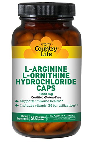 Country Life L-ArginineL-Ornithine Caps - 1000 mg with Vitamin B6-60 Capsules - May Help Support Immune Health - Aids Utilization - Gluten-Free