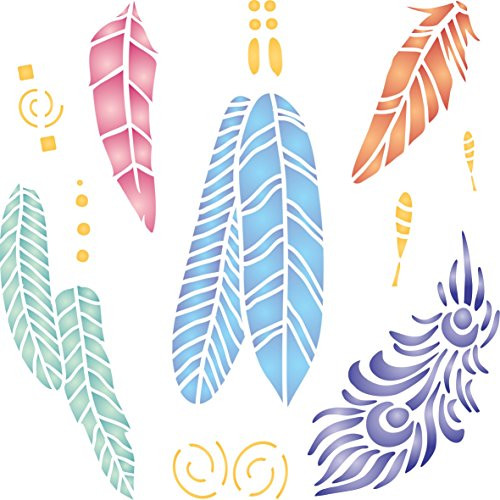 Feathers Stencil 6_5 x 6_5 inch L - Mix Media Layering Feather Stencils for Painting Template