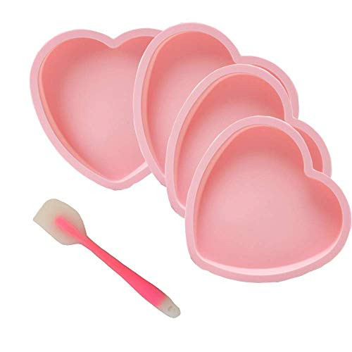 POKALI 4Pcs 8in Silicone Heart Shaped Rainbow Cake Baking Pans Layer Cake Pan Set Non-Stick Silicone Cake Bakeware 1Silicone spatula pink