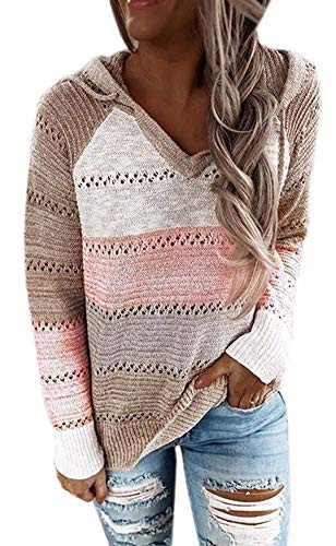 Caissip Womens V-Neck Sweaters Loose Contrast Jumper Knitted Off The Shoulder Oversized Pullovers Tops Pink