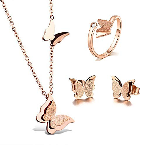 18k Rose Gold Stainless steel Butterfly Jewelry Set Necklace Ring Stud Earrings Best Gift for Women Girl Adjustable Ring