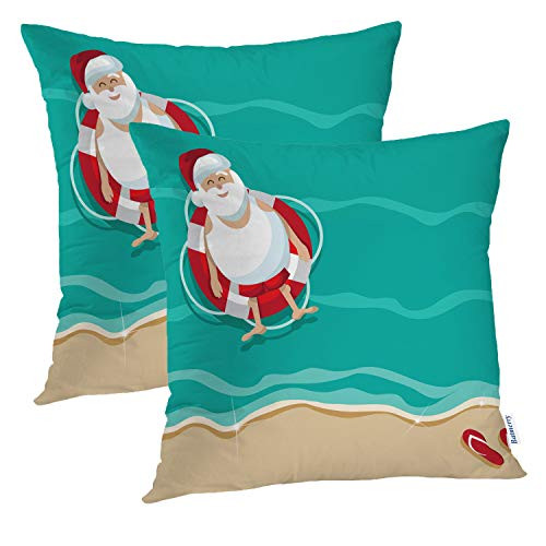 Batmerry Beach Decorative Pillow Covers 16 x 16 Inch Santa Floating in Lifesaver Beach Double Sided Throw Pillow Covers Sofa Cushion Cover Square 16 InchesSet of 2