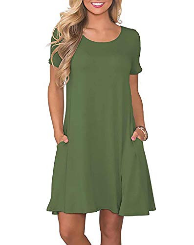 ovett Womens Summer Short Sleeve Pleated Loose Casual Swing Dress Knee Length with Pockets ArmyGreen M
