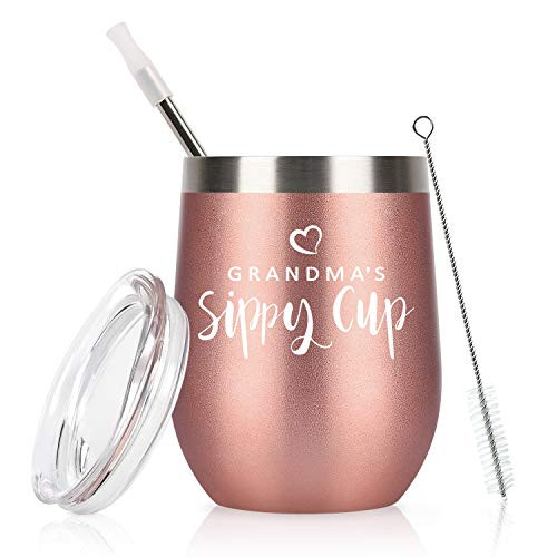 Lifecapido Grandma Idea Wine Tumbler Grandmas Sippy Cup Mothers Day Christmas Idea for Grandma Grandmother New Grandma Nana 12 Oz Insulated Stainless Steel Tumbler with Straw Rose Gold