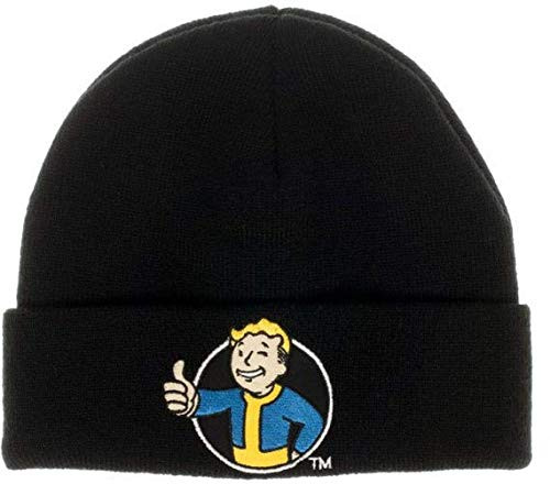 Bioworld Fallout Vault Boy Thumbs Up Embroidered Patch Cuff Beanie Black