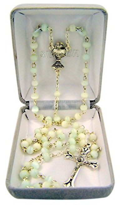 First Communion White Petite Glass Prayer Bead Rosary Necklace with Chalice Centerpiece 18 Inch First Communion White Petite Glass Prayer Bead Rosary Necklace with Chalice Centerpiece 18 Inch