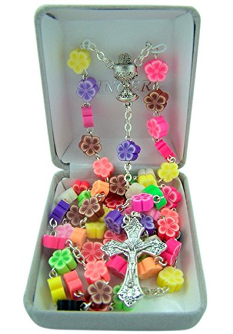 First Communion Flower Prayer Bead Rosary Necklace with Chalice Centerpiece 28 Inch First Communion Flower Prayer Bead Rosary Necklace with Chalice Centerpiece 28 Inch
