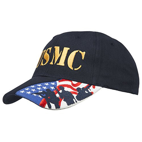 USMC Marines Embroidered Adjustable Baseball Cap with US Flag on The Bill Navy with Gold Embroidery